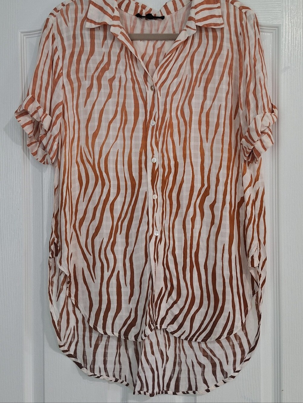Jane+Delance Lightweight White and Rust Zebra-Stripe Button-Front Shirt